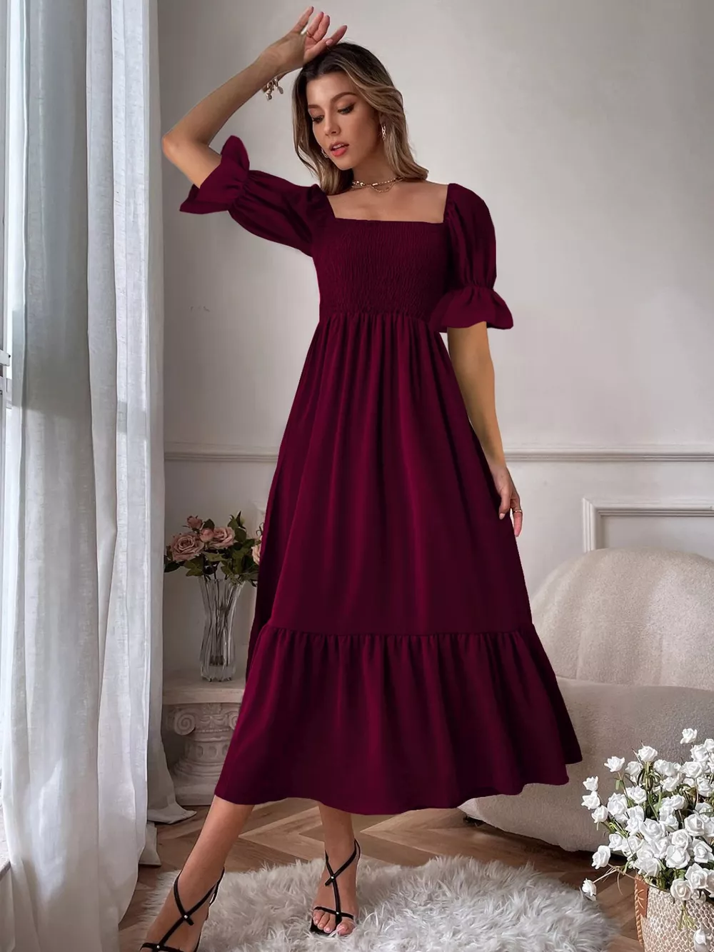 Smocked Long Sleeve Midi Dress, image 14