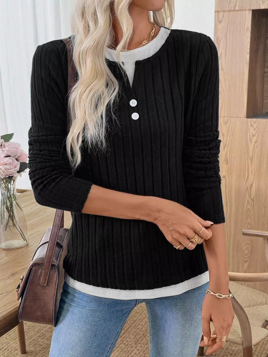 Ribbed Knit Long Sleeve Henley T-Shirt, image 3