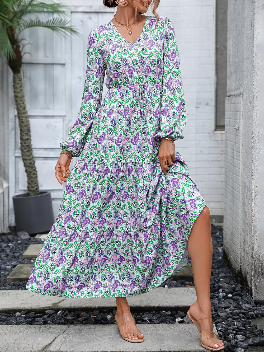 Printed V-Neck Long Sleeve Dress, image 5