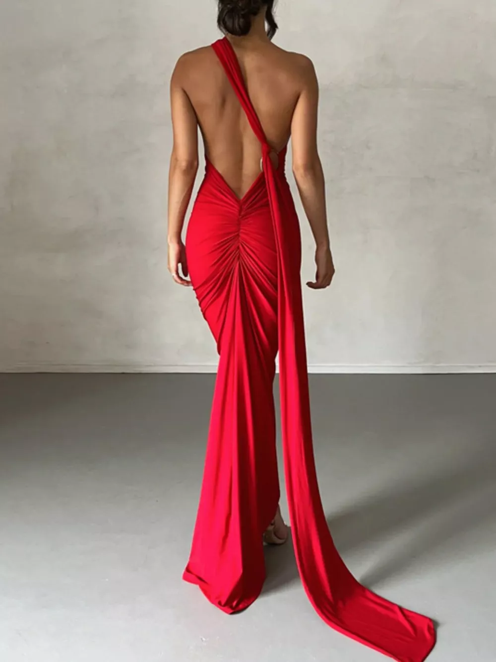 Backless One-Shoulder Ruched Bodycon Maxi Dress, image 2