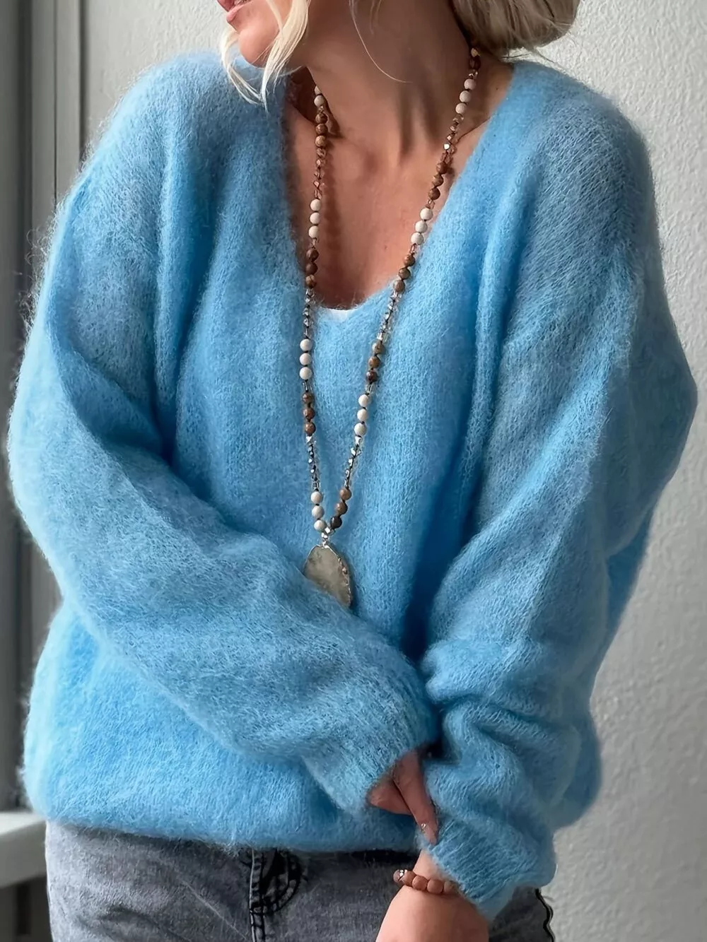 V-Neck Dropped Shoulder Sweater, image 8