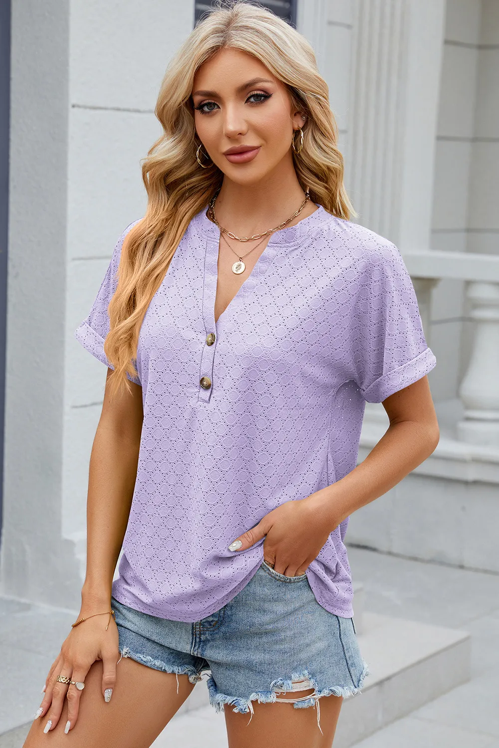 Eyelet Notched Short Sleeve T-Shirt, image 5