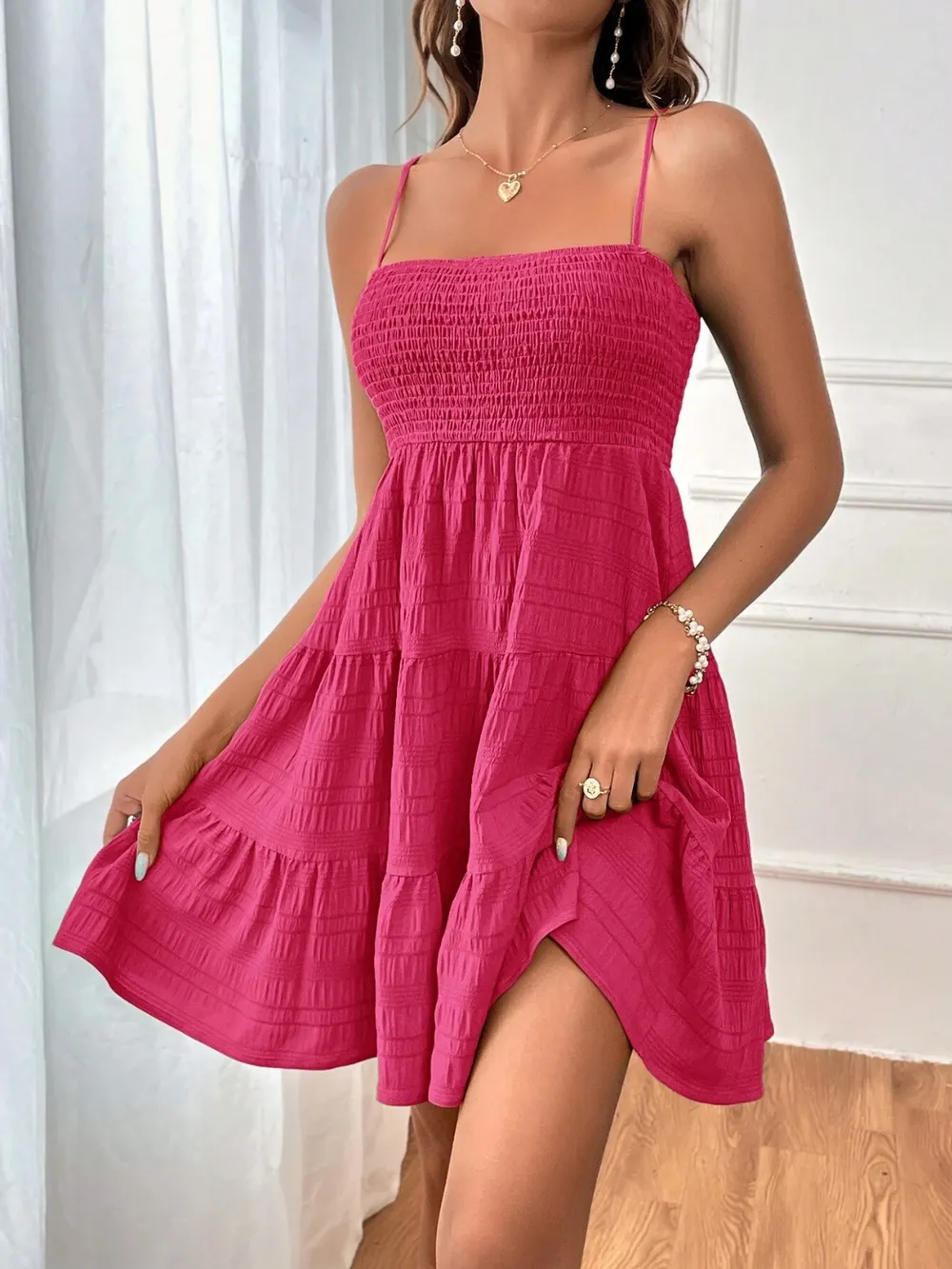 Smocked Tiered Sleeveless Mini Dress, image 2