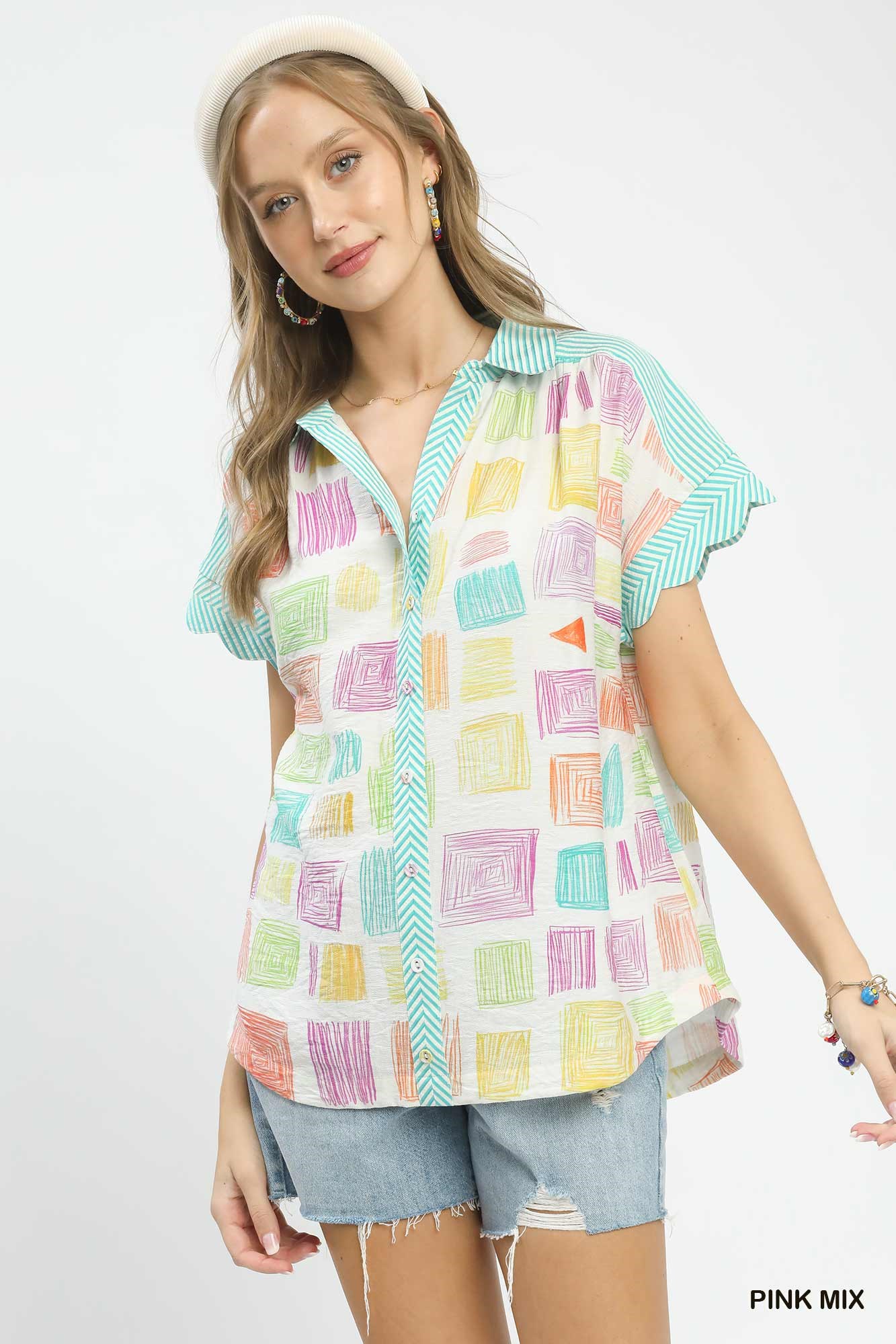 Mixed Media Print Button Front Collared Top