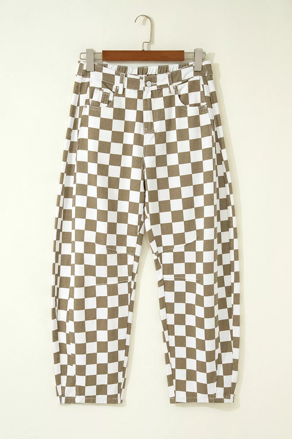 Checkered Print Denim Barrel Pants, image 4