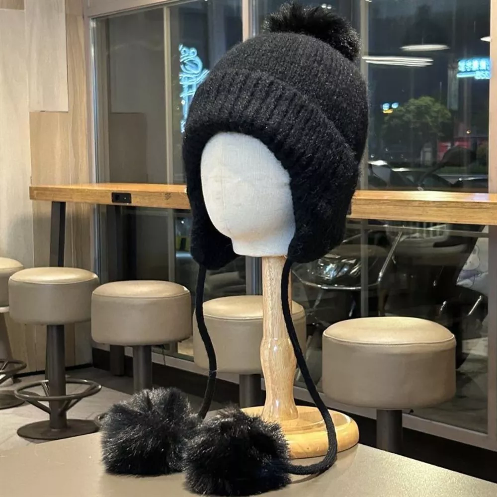 Warm Knitted Beanie Hat with Pom Pom Ear Flaps, image 4