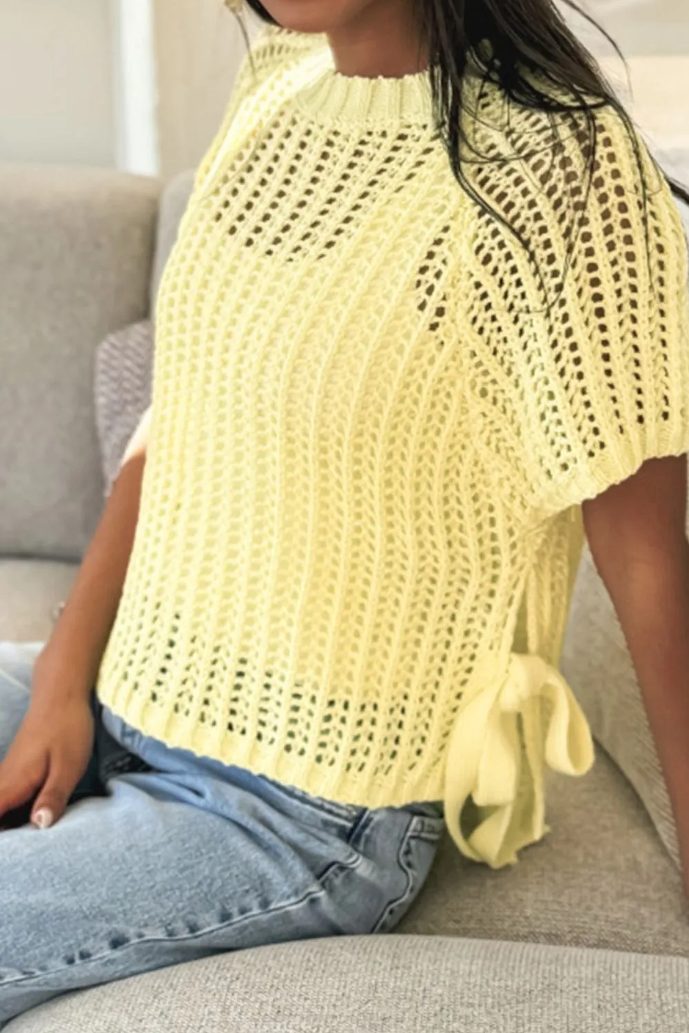 Hollow-out Crochet Side Tied Short Sleeve Knit Cover Up, image 2