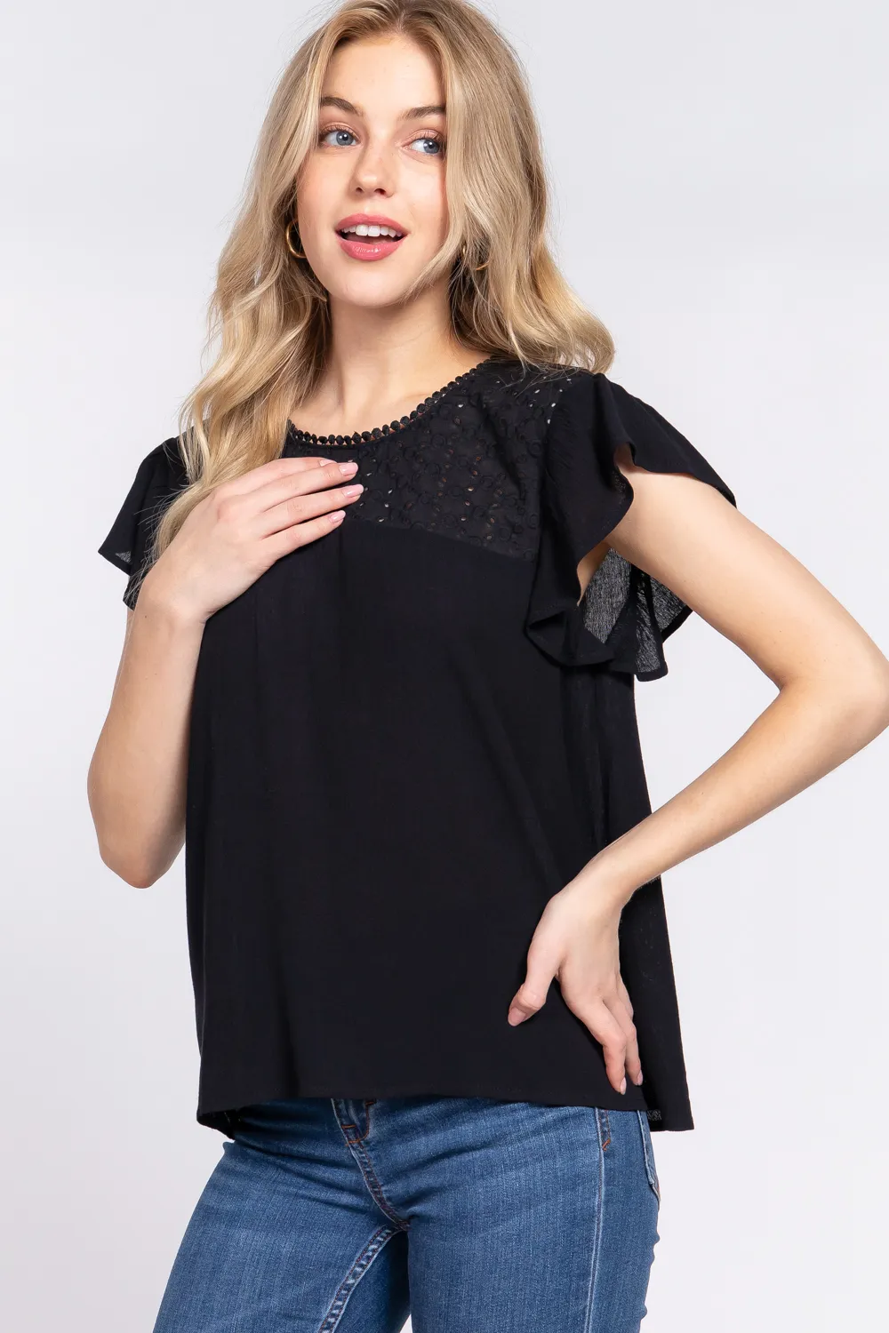 Ruffle Short Sleeve Crochet Blouse, image 3