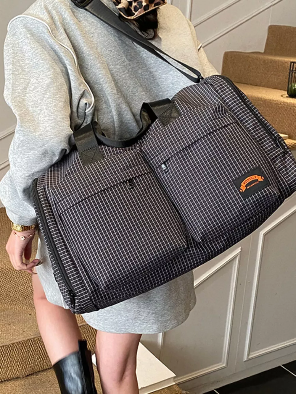 Plaid Duffel Bag with Multiple Pockets, image 7