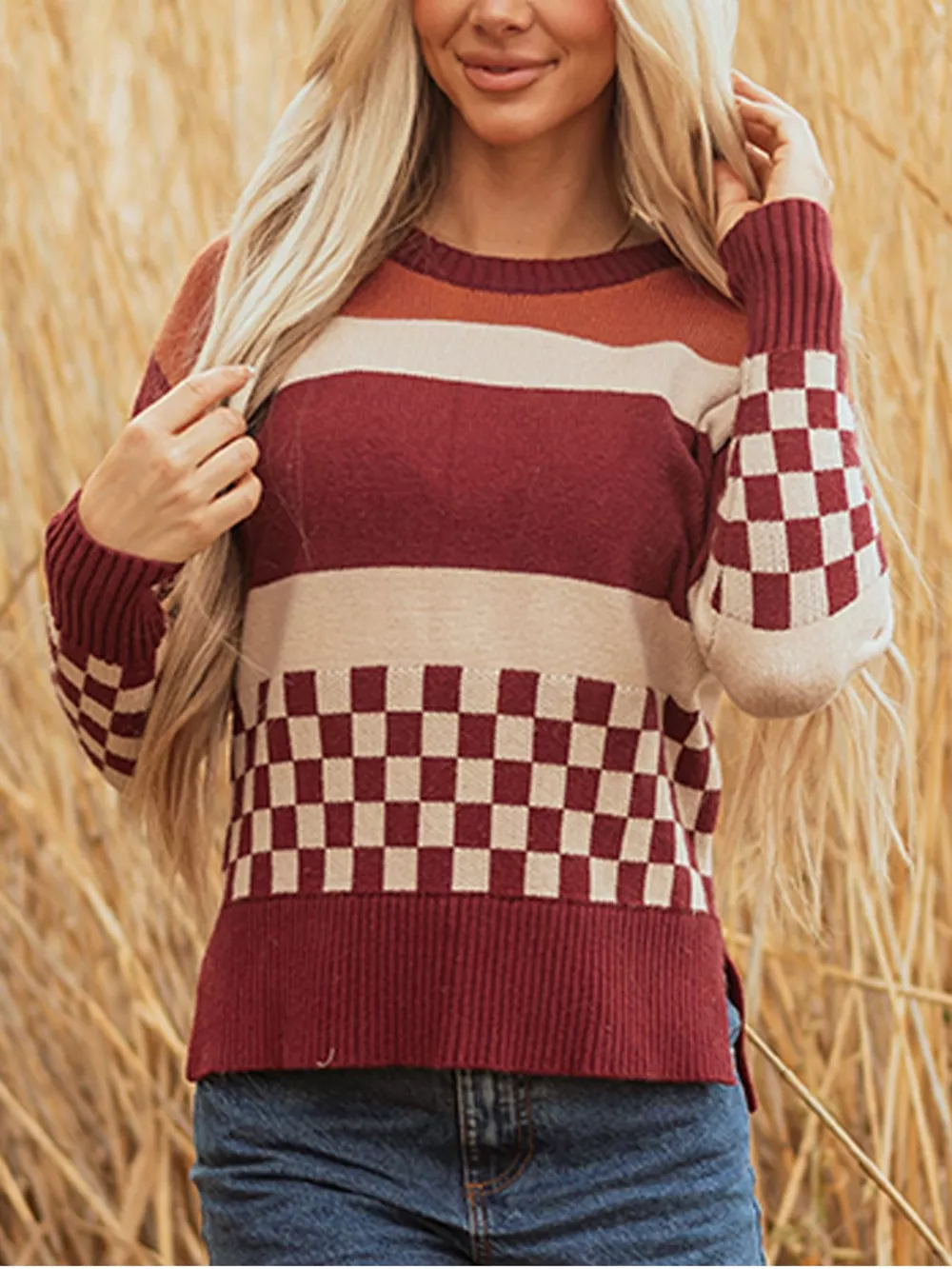 Checkered Color Block Knitted Drop Shoulder Sweater, image 6