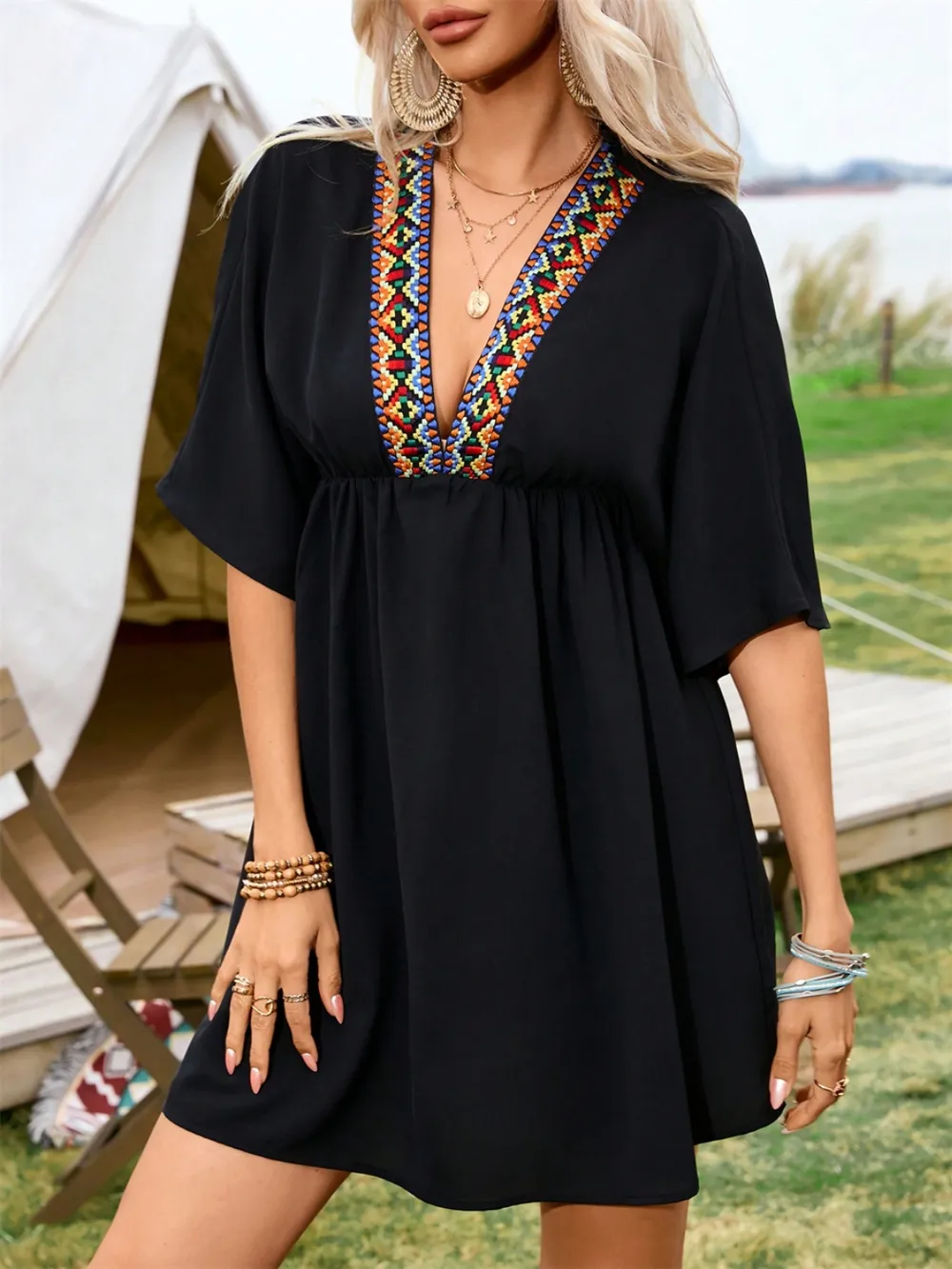 Embroidered Plunge Half Sleeve Mini Dress, image 2