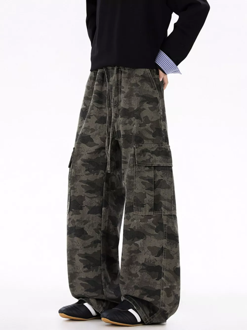 Men's Plus Size Drawstring Camouflage Wide Leg Pants, image 2