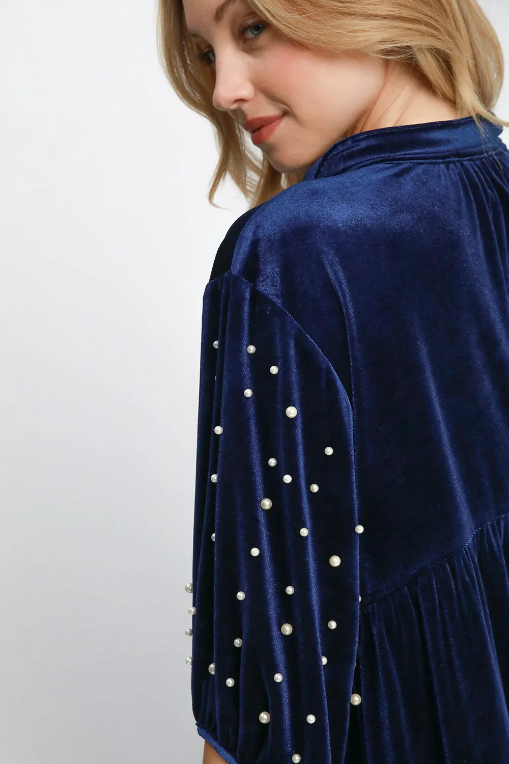 Pearl Detail Collared Neck Velvet Babydoll Blouse, image 2