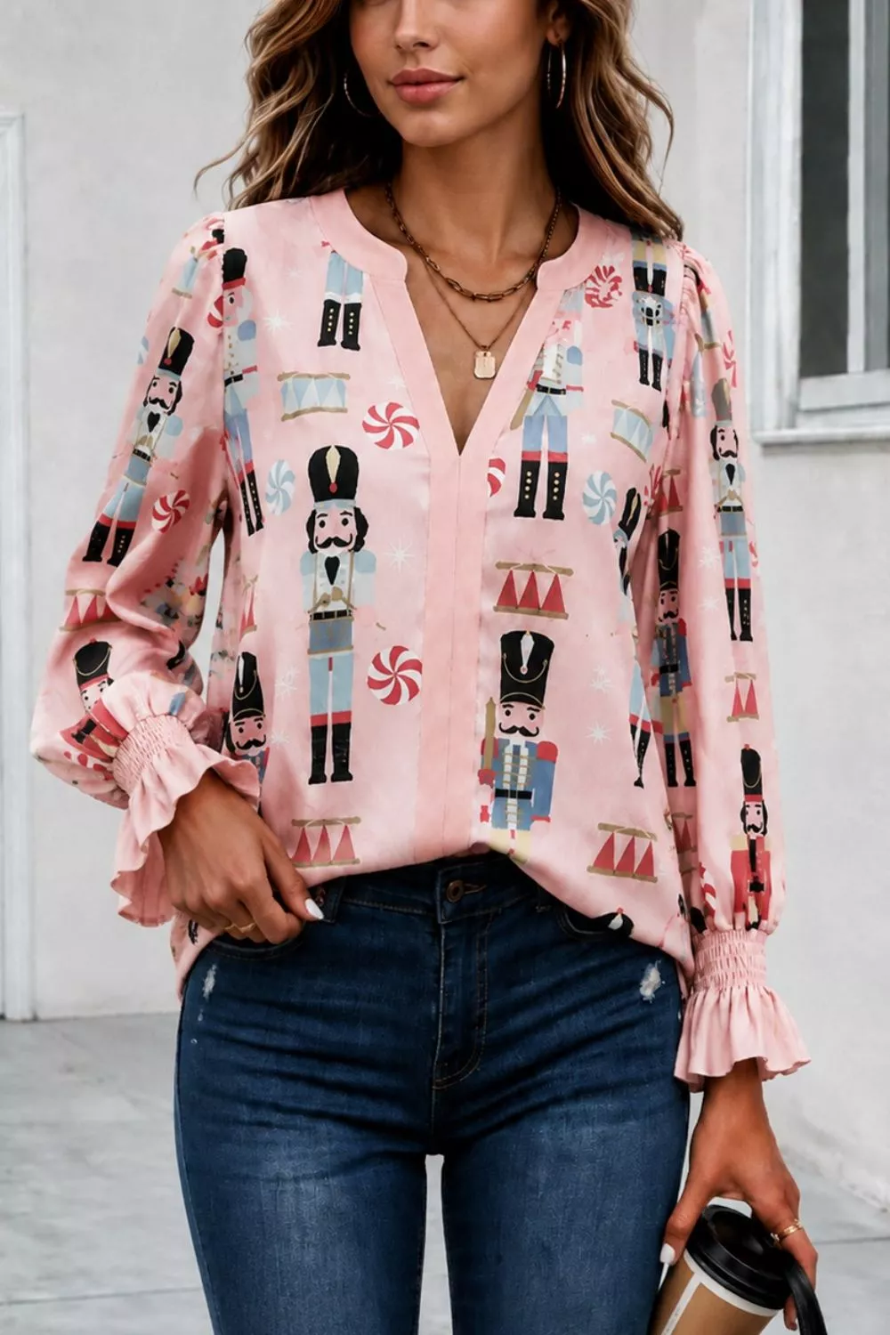Nutcracker Print Notched Flounce Sleeve Blouse