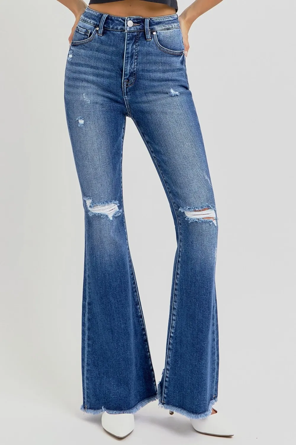 Full Size High Rise Distressed Raw Hem Flare Jeans, image 2