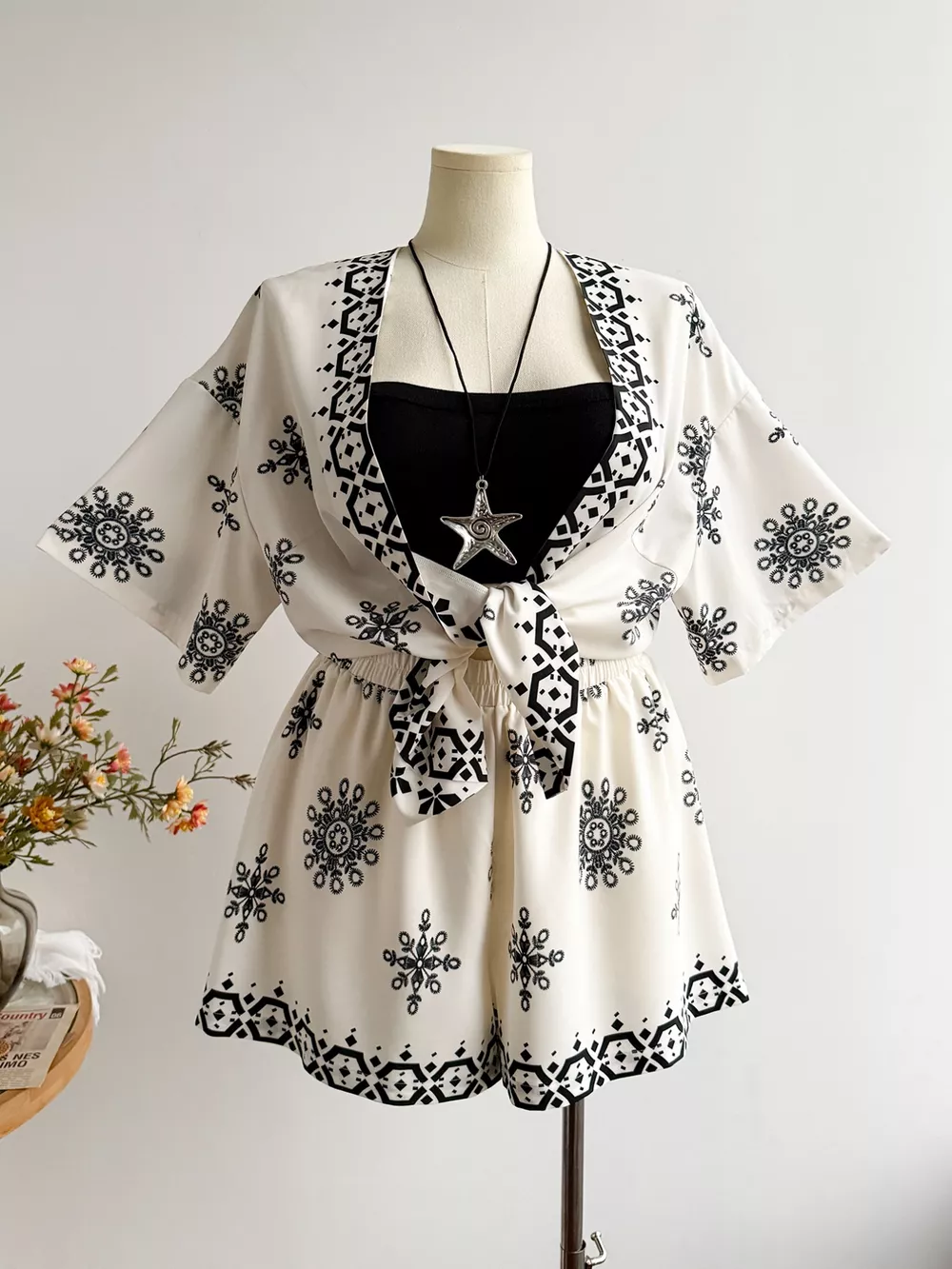 Plus Size Printed Open Front Cardigan and Shorts Set, image 5