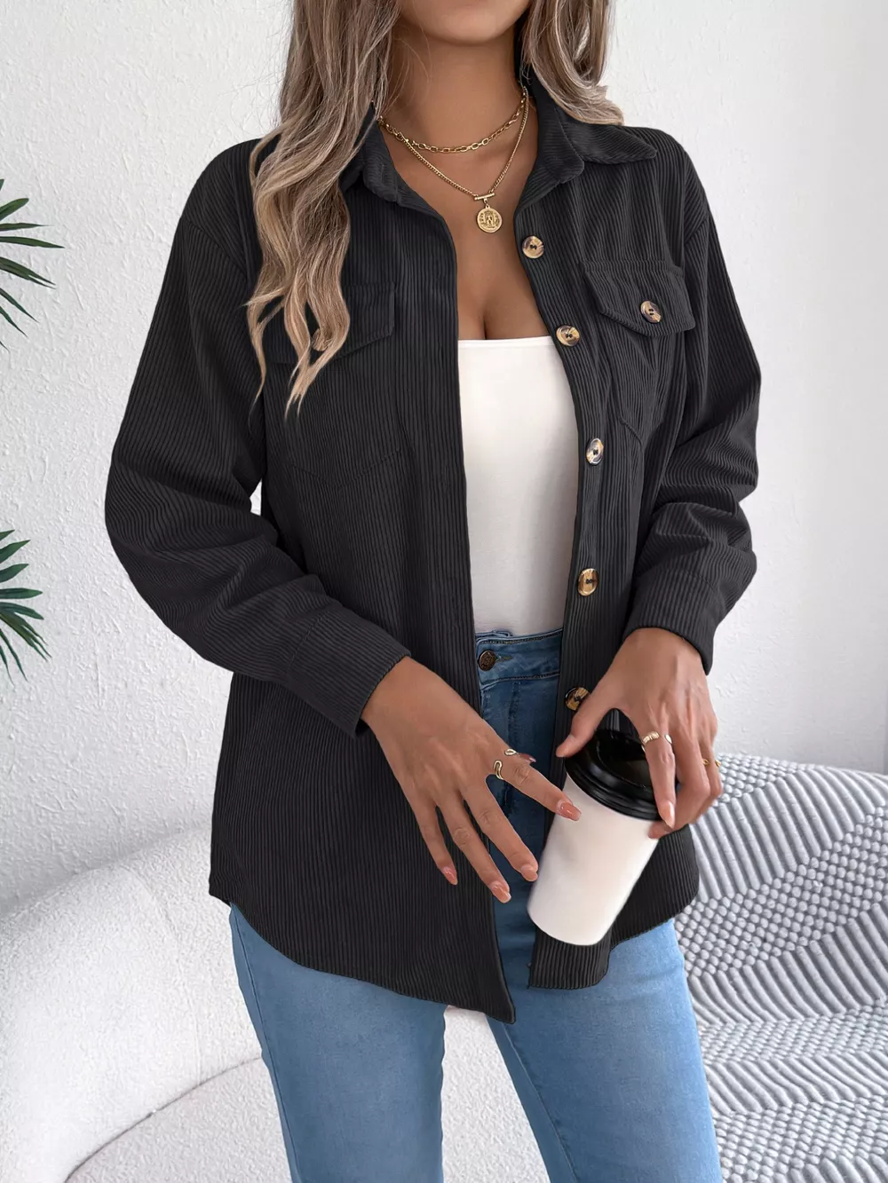 Casual Corduroy Button-Up Shacket, image 8