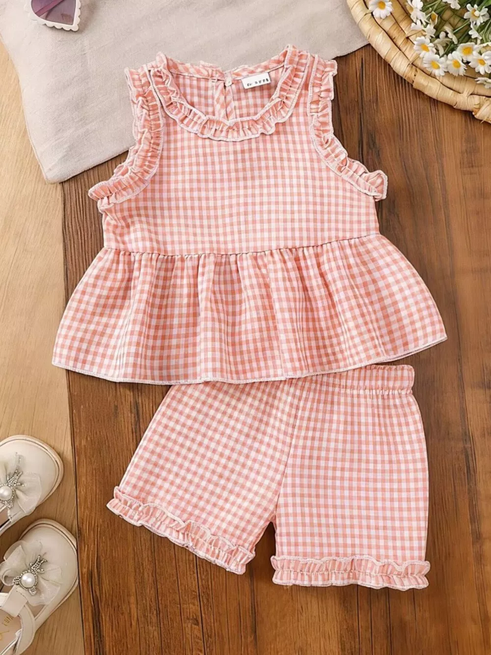 Children's Gingham Ruffle Trim Tank Top & Shorts Set, image 2