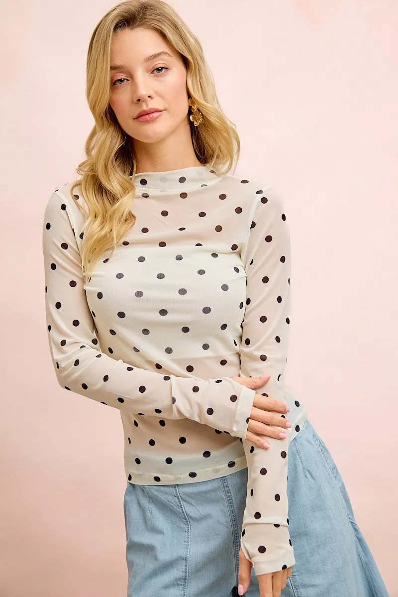 BiBi High Neck Line Polka Dots Mesh Top With Thumb Open, image 7