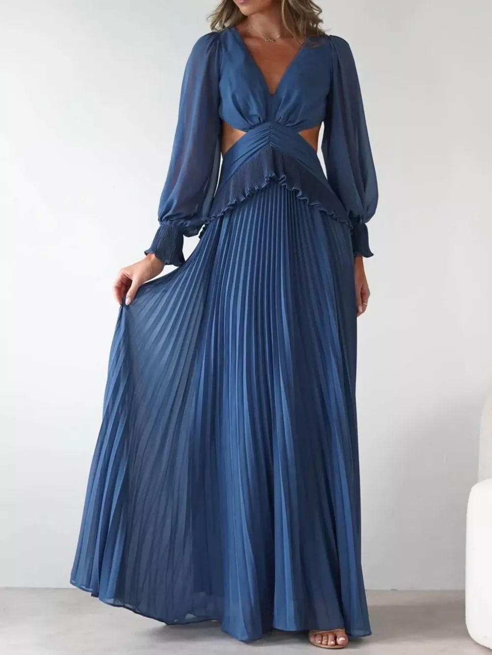 Backless Pleated Long Sleeve Maxi Dress, image 2
