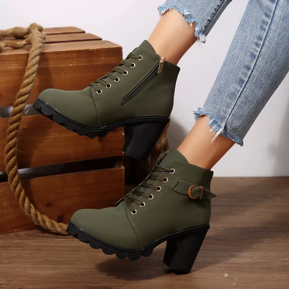 Lace-Up Buckle Chunky Heel Ankle Boots, image 8