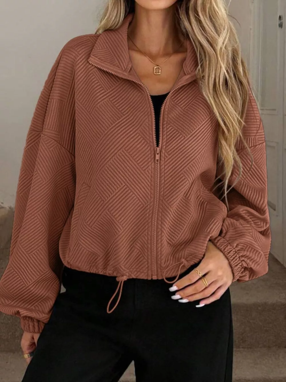 Textured Zip-Up Drawstring Hem Jacket, image 21