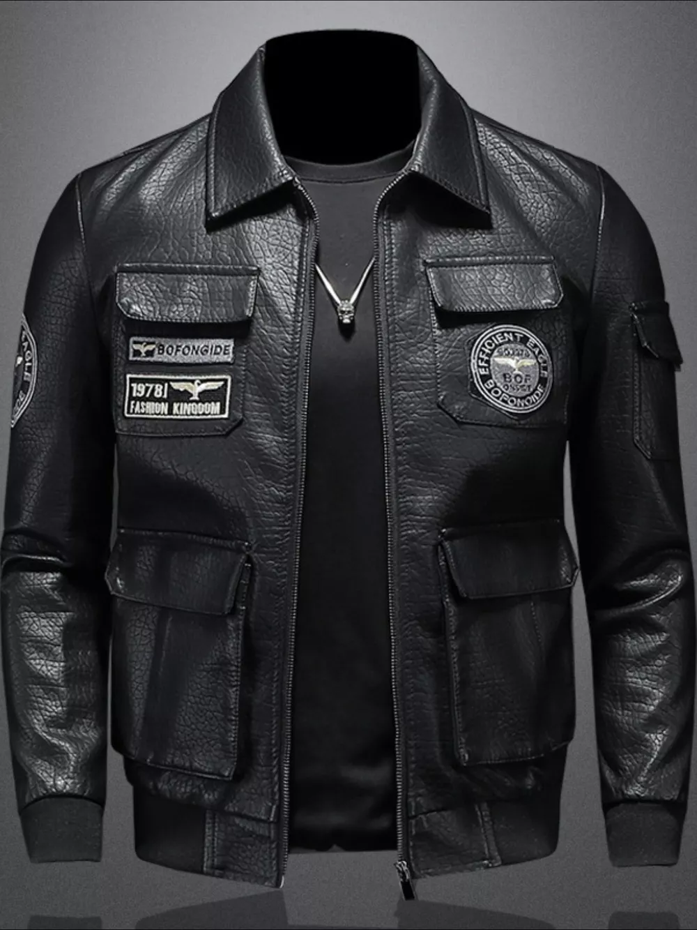 Men's Plus Size Zip Up Leather Bomber Jacket, image 4