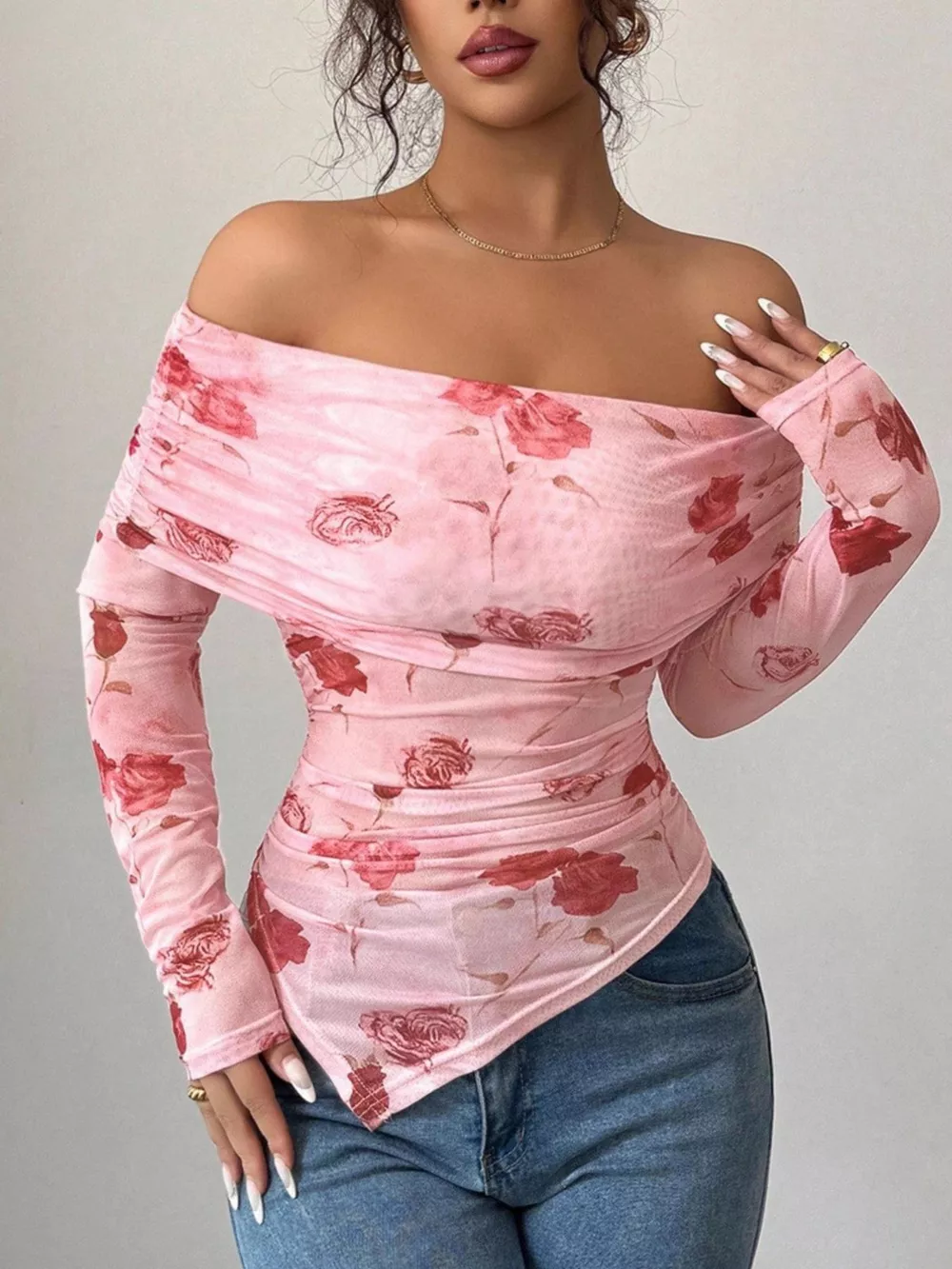 Floral Print Off-Shoulder Mesh Top