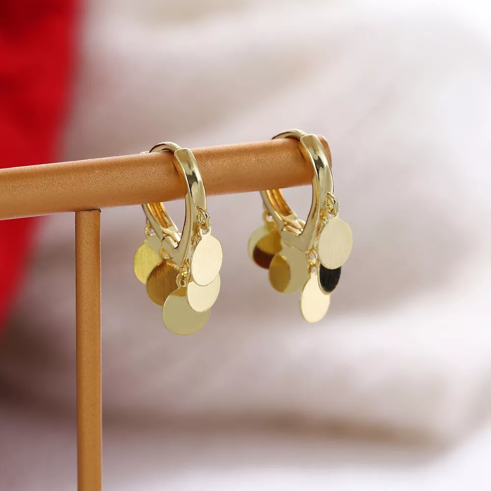 18K Gold-Plated Drop Hoop Earrings with Dangling Disc Charms, image 4