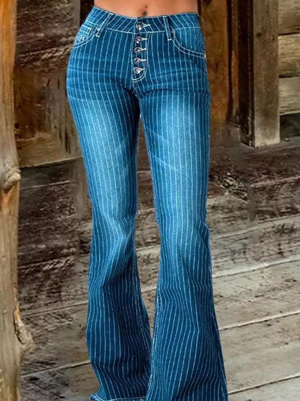 Striped Button Fly Flare Jeans, image 2