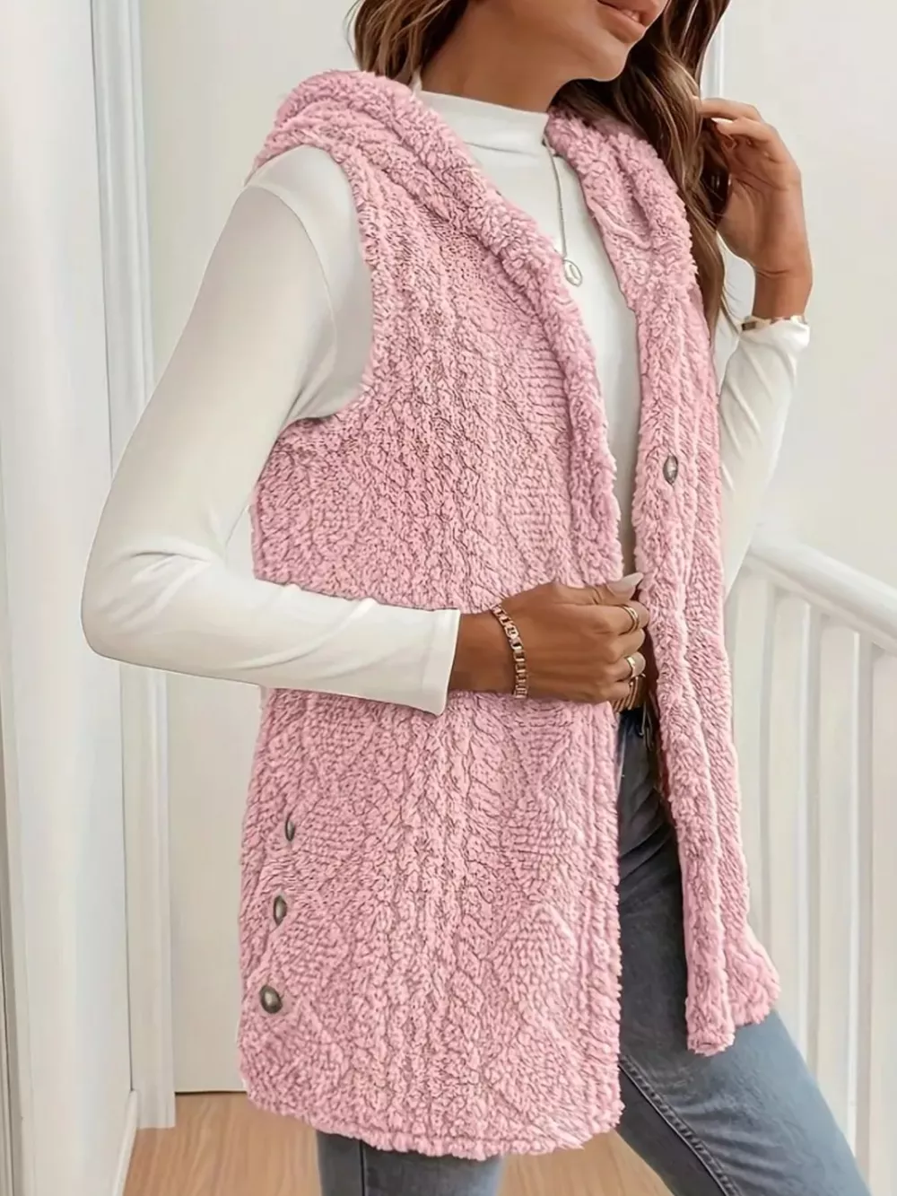 Button Up Plush Hooded Vest Coat, image 11