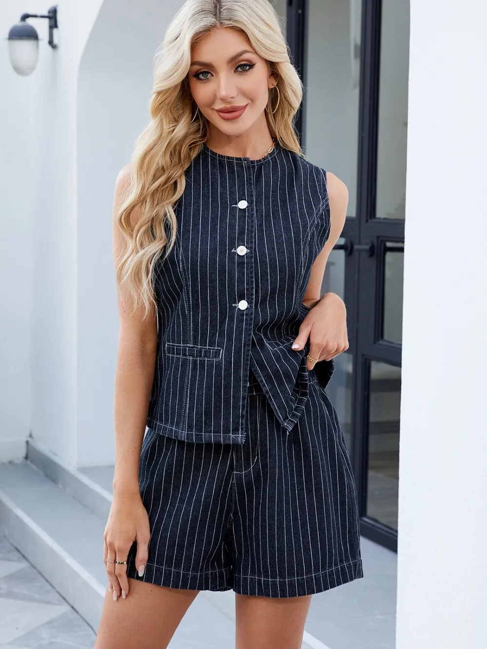 Round Neck Striped Top and Shorts Denim Set, image 2
