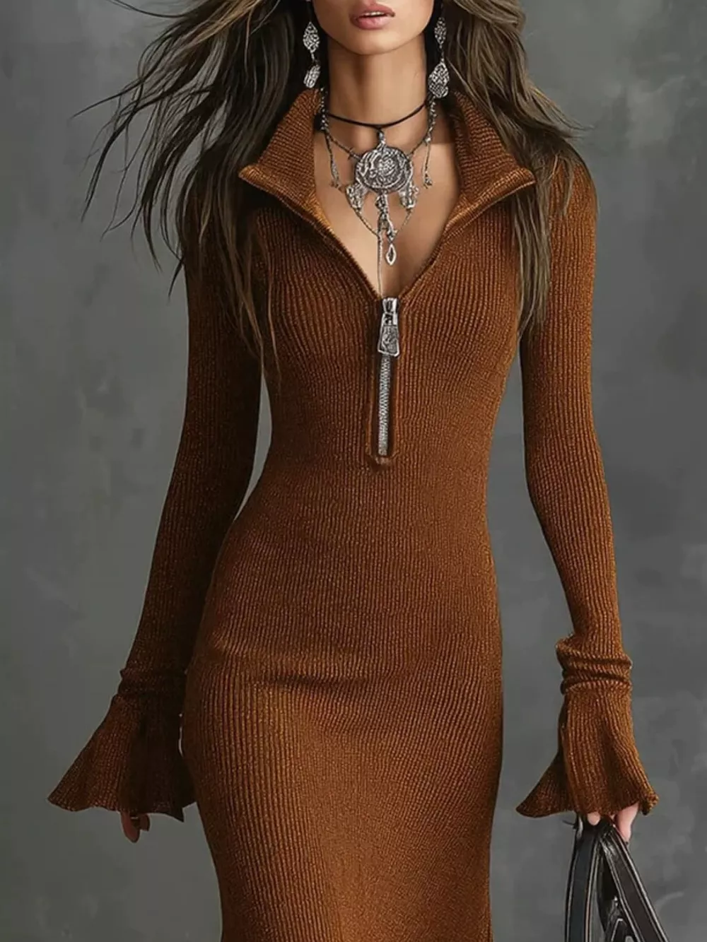 Full Size Quarter-Zip Mermaid Hem Knit Dress Plus Size, image 5