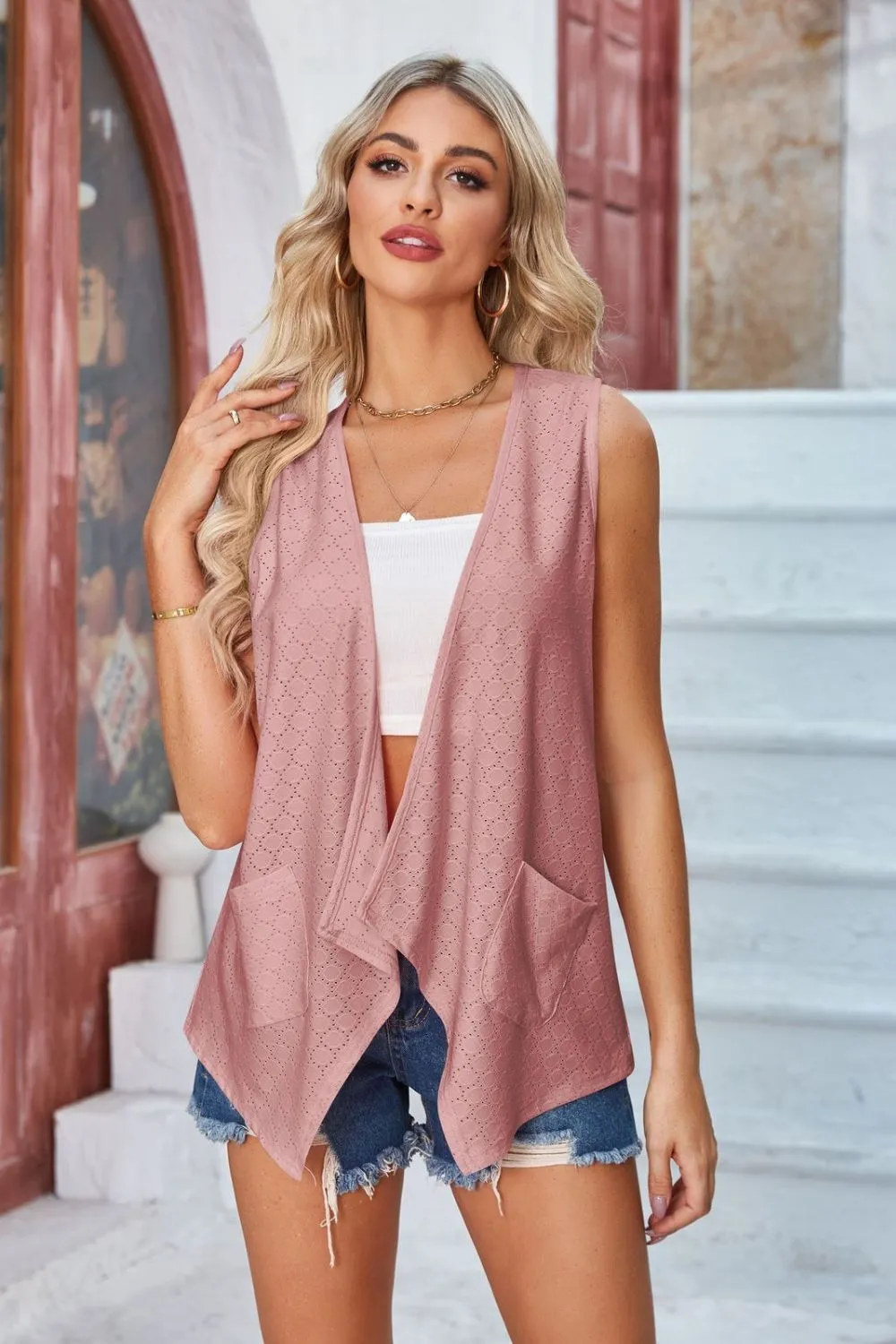 Eyelet Open Front Sleeveless Cardigan, image 2