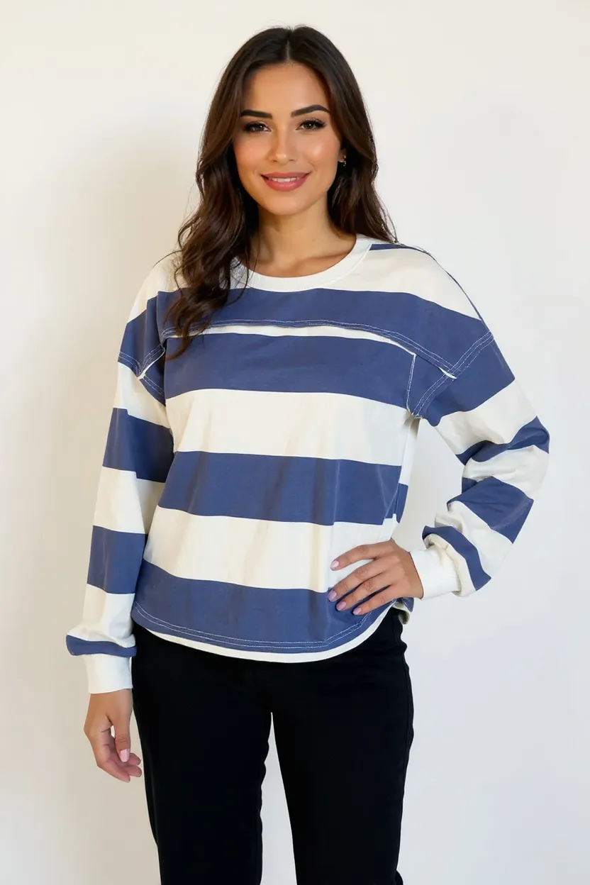 Pima Cotton Wash Exposed Seam Contrast Striped Round Neck Long Sleeve T-Shirt