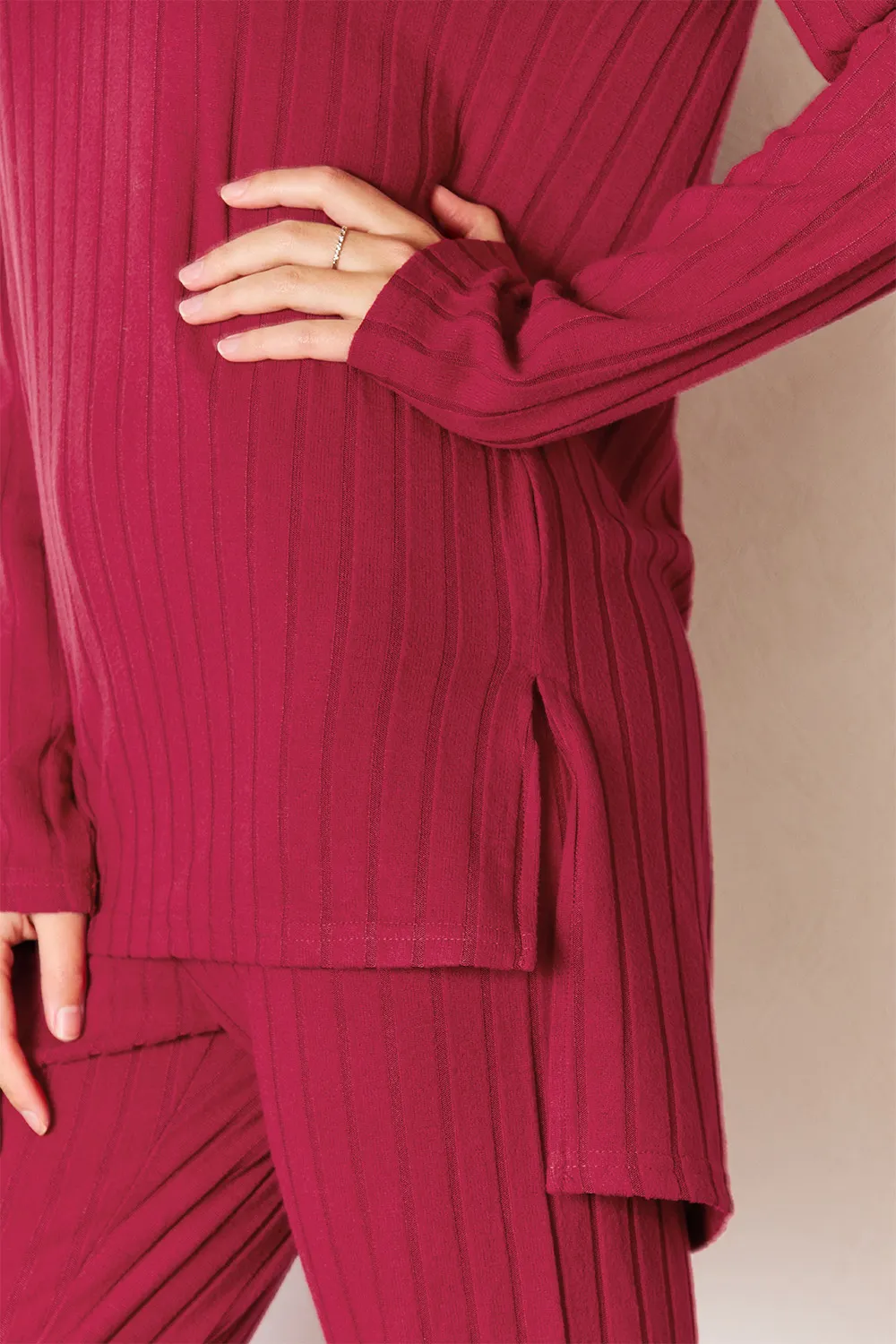 Full Size Ribbed Round Neck High-Low Slit Top and Pants Set, image 2
