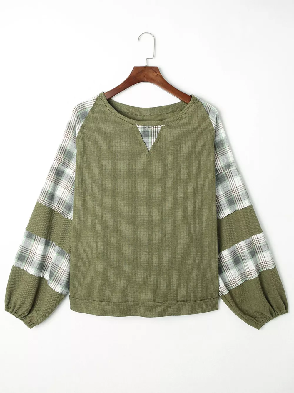 Plaid Patch Waffle Knit Exposed Seam Bubble Sleeve Top, image 5