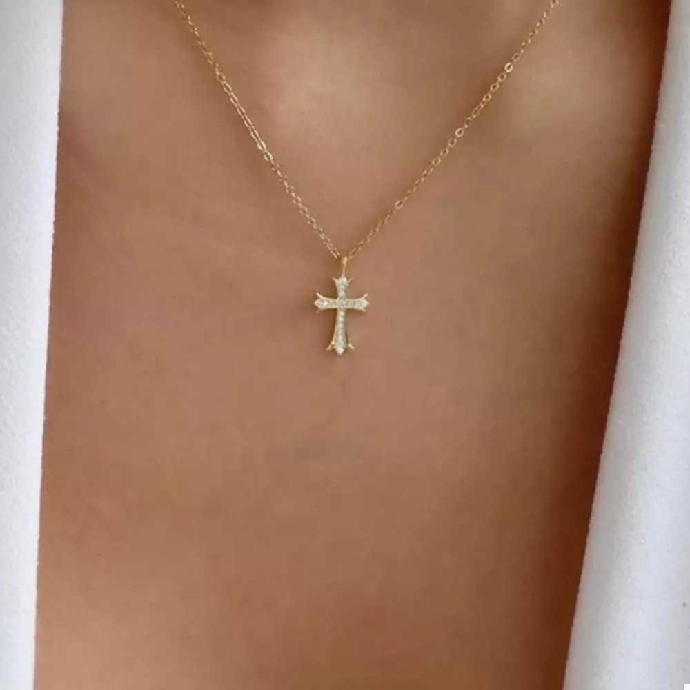 18K Gold-Plated Rhinestone Cross Necklace, image 3