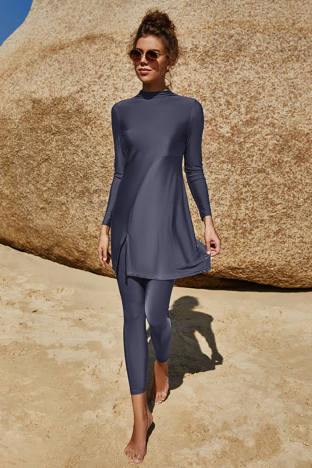 Slit Mock Neck Long Sleeve Top and Pants Swim Set, image 8