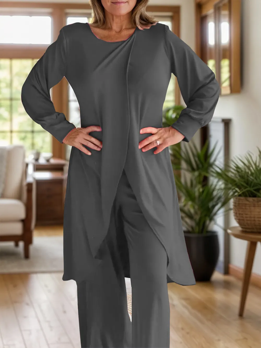 Full Size Slit Round Neck Long Sleeve Top and Pants Set, image 13