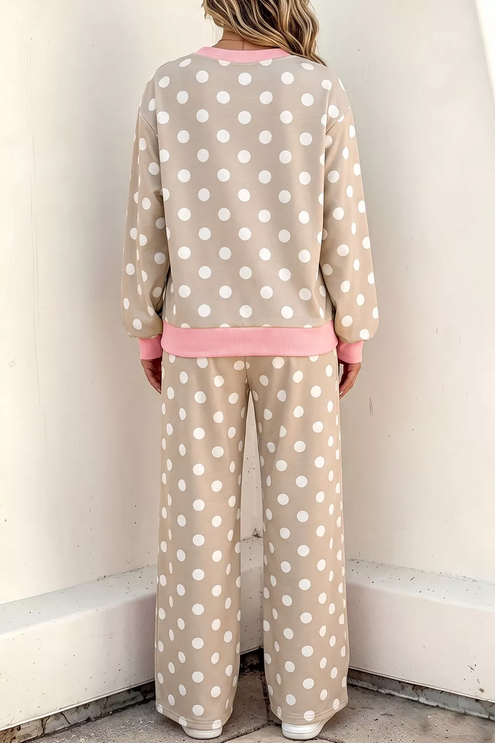 Polka Dot Contrast Trim Long Sleeve Top Drawstring Shift Pants Set, image 2
