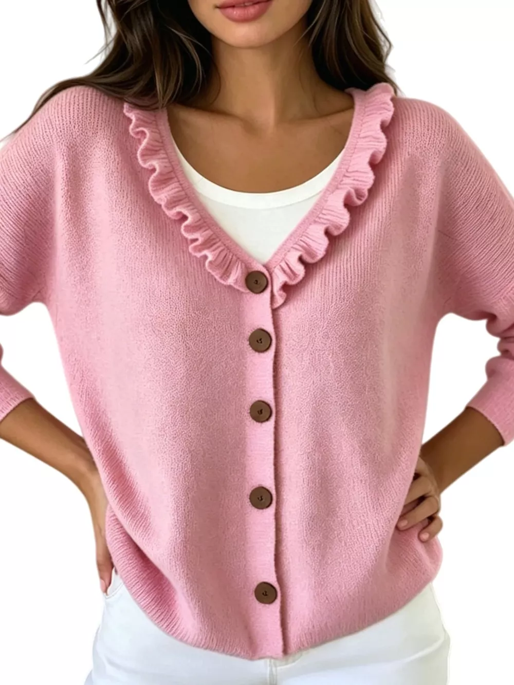 Ruffled Neckline Button-Up Cardigan, image 4