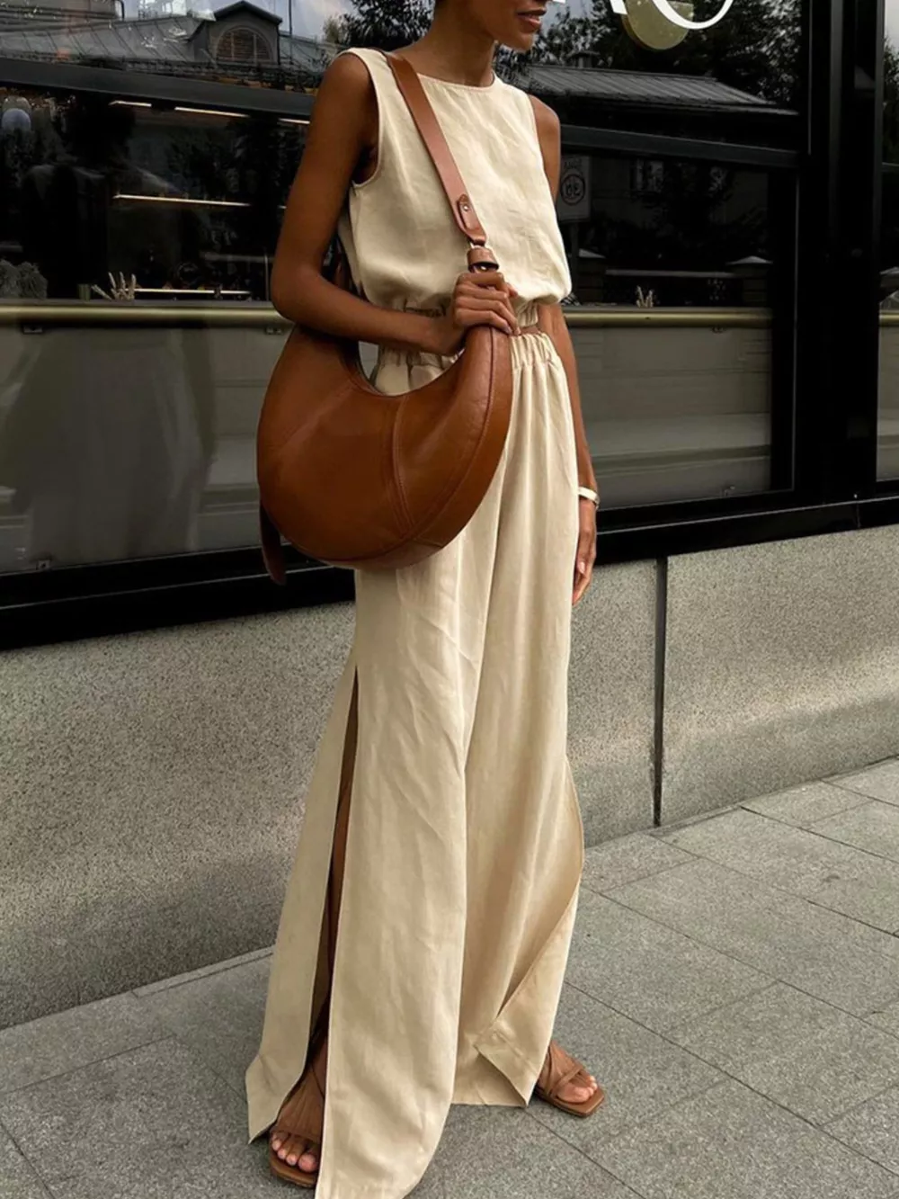 Sleeveless Crop Top and Slit Pants Set, image 2