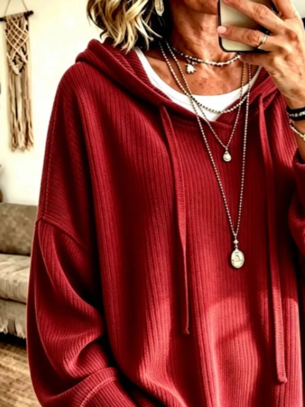 Drawstring Ribbed Knit Hoodie, image 10
