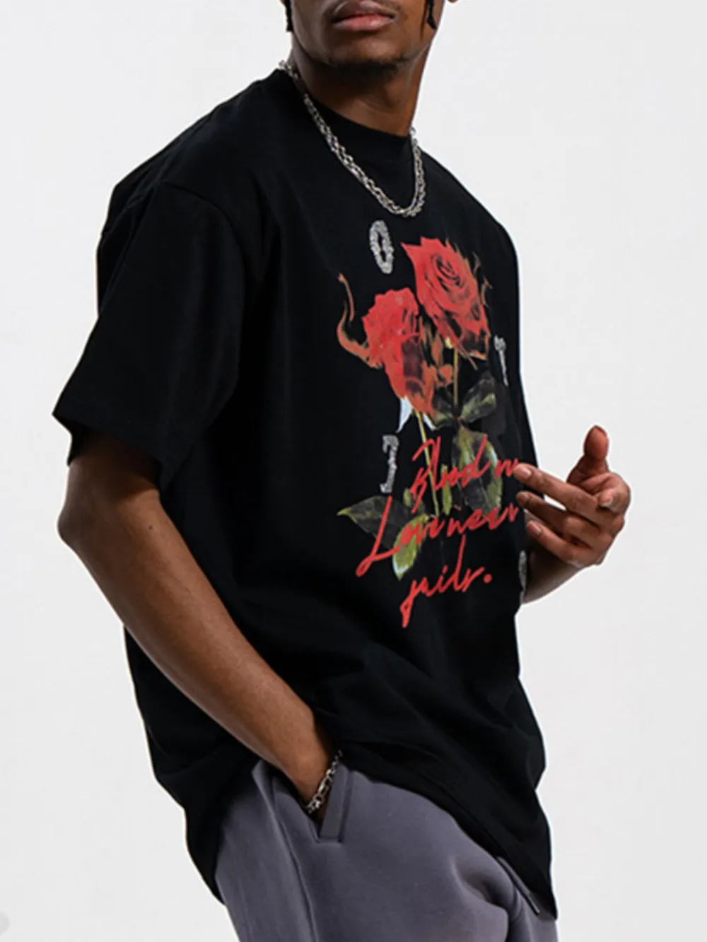 Men's Rose Graphic T-Shirt with Vintage Script Design, image 3