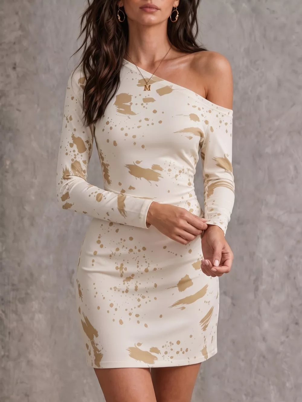 One-Shoulder Long Sleeve Paint Splatter Bodycon Mini Dress, image 3