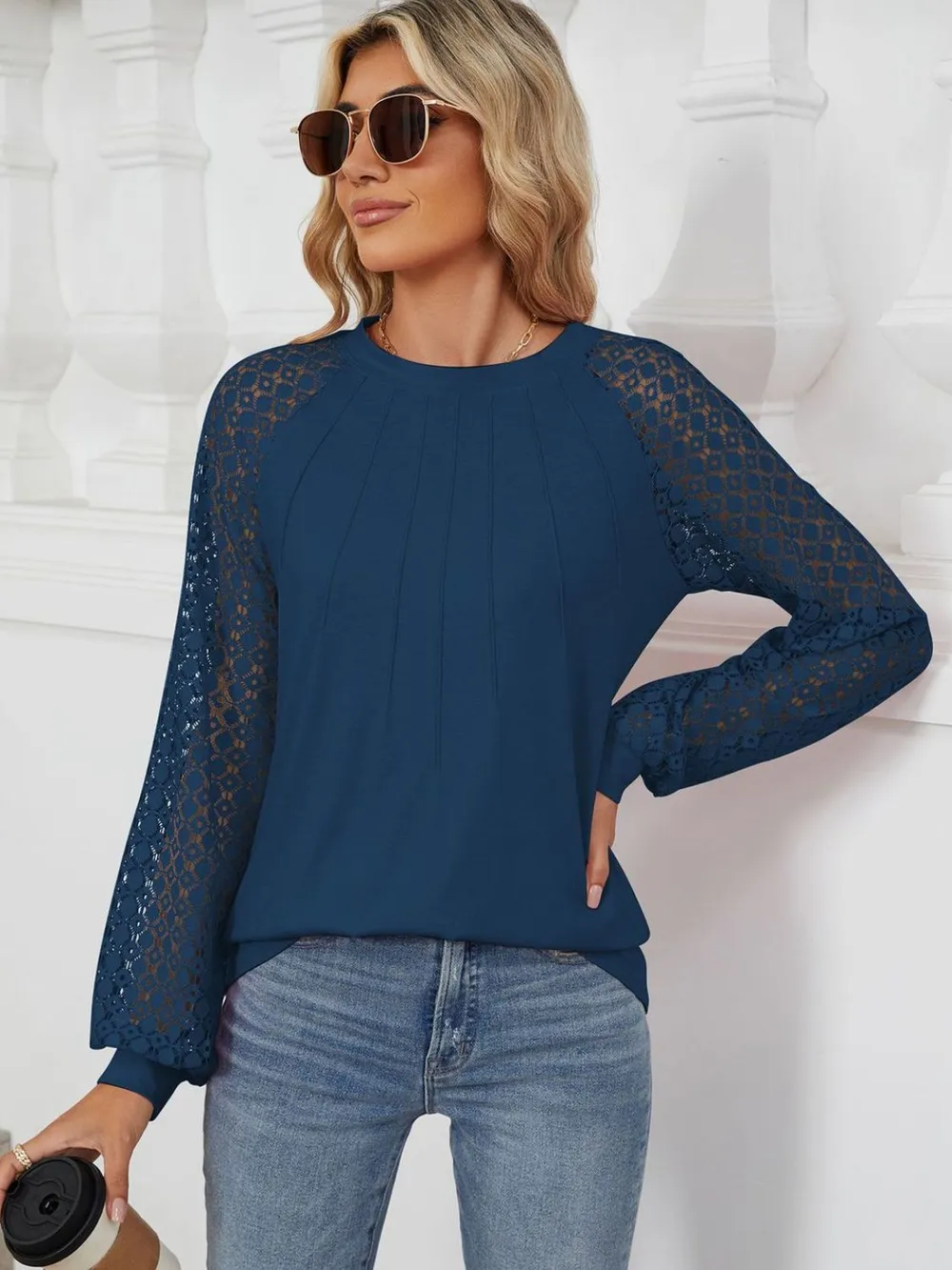 Round Neck Lace Long Sleeve Top, image 2