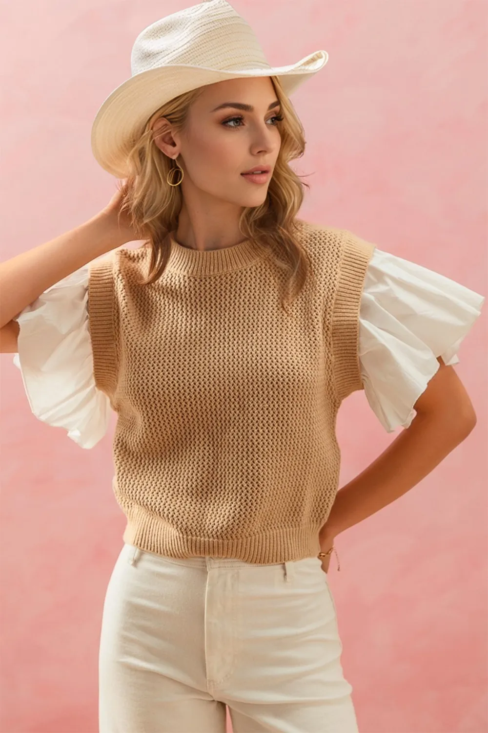 Full Size Ruffled Round Neck Short Sleeve Sweater, image 2