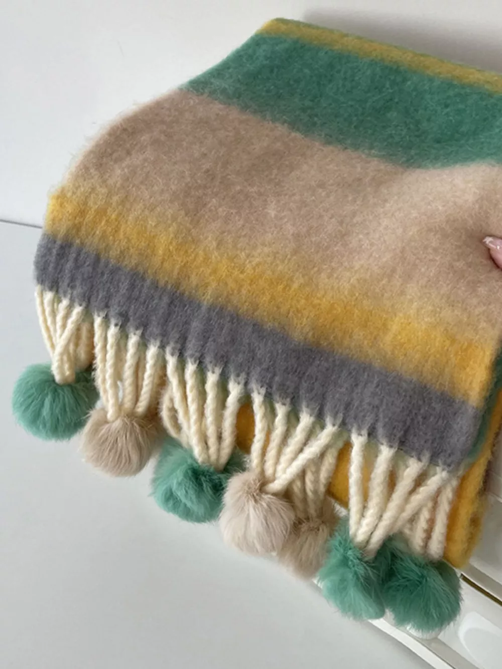 Rainbow Striped Fuzzy Scarf with Pom-Poms, image 8
