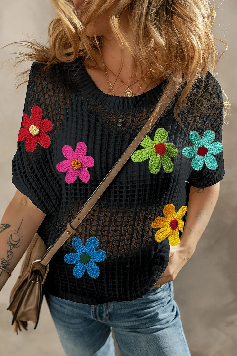 Flower Round Neck Half Sleeve Knit Cover Up, image 2